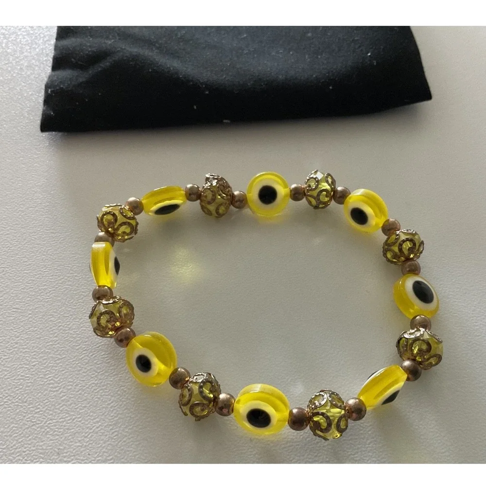 Alex and Ani Yellow Evil Eye Beaded Stretch Bracelet Gold Tone Filigree NWOT
